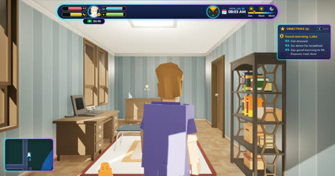 The same with the game's interface: needs, money, clock, objectives, minimap